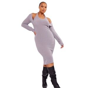 Pretty Little Thing PLUS Grey Knit Long‎ Sleeve Midi Dress Sweater Dress XL Sexy